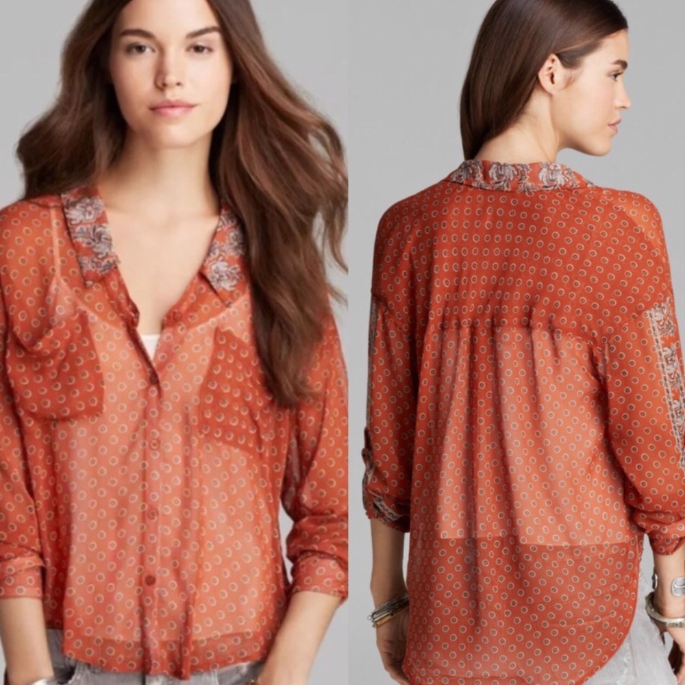 Free People Rust Easy Rider Sheer Blouse Top - Picture 6 of 7